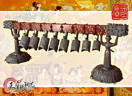 8件古編鐘，銅人銅座裝飾，可發(fā)音